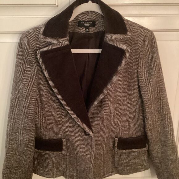 Talbots Wool Blazer Jacket Sz 10P Herringbone Lined Velour Academia - Picture 1 of 9